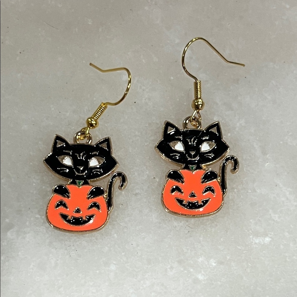 3/$30 • Black Cat and Orange Pumpkin Enamel Earrings
